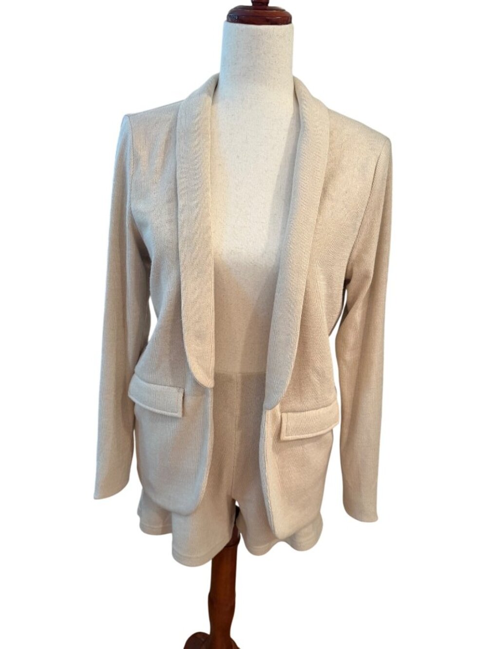 Dee Elly Beige Ribbed Knit Blazer and Shorts 2 Piece Set VCGS027K-FMD Small